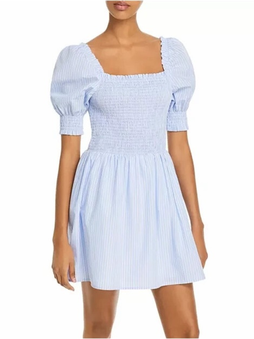 Aqua Light Blue Smocked Puff-Sleeve Mini Dress